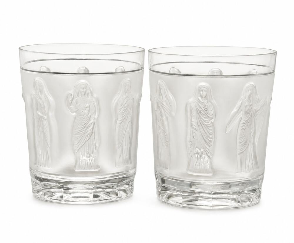 Pair Vintage Lalique France Femmes Antiques Crystal Whiskey Tumblers Signed